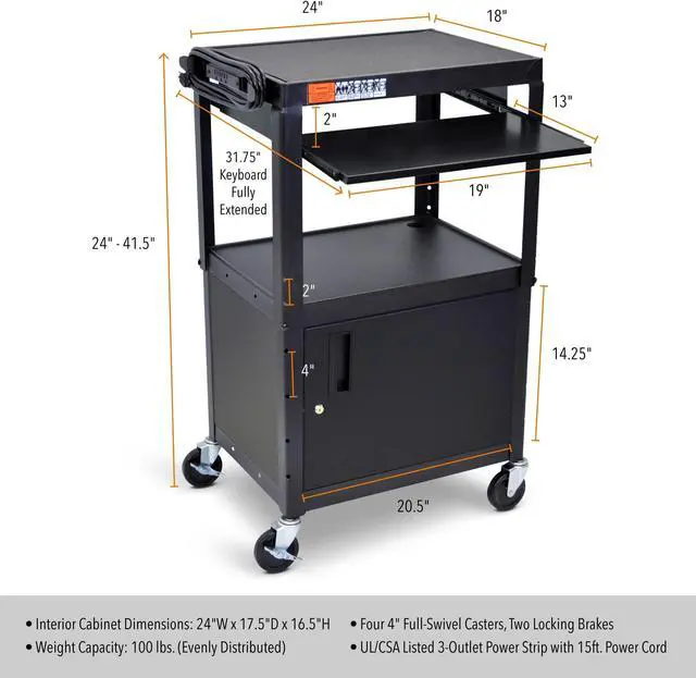 Alt view image 6 of 7 - Line Leader AV Cart and Locking Cabinet - Includes Pullout Keyboard Tray, Easy Locking Wheels and Cord Management - Great for School and Office (42 x 24 x 18 / Black)