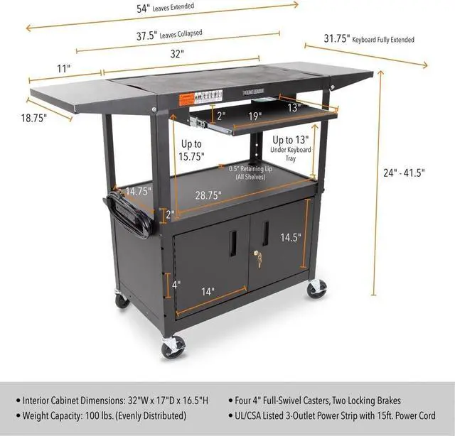 Alt view image 3 of 7 - Line Leader Large AV Cart with Locking Cabinet & Drop Leaves | Height Adjustable Utility Cart | Includes Pullout Keyboard Tray & Cord Management | Easy Assembly (66in x 18in x 42in / Black)