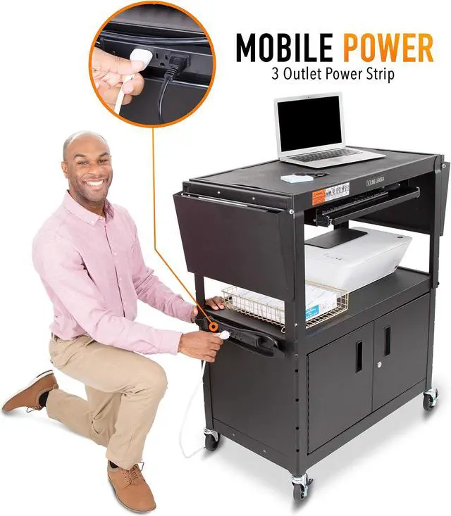 Alt view image 4 of 7 - Line Leader Large AV Cart with Locking Cabinet & Drop Leaves | Height Adjustable Utility Cart | Includes Pullout Keyboard Tray & Cord Management | Easy Assembly (66in x 18in x 42in / Black)