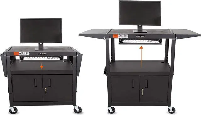 Alt view image 6 of 7 - Line Leader Large AV Cart with Locking Cabinet & Drop Leaves | Height Adjustable Utility Cart | Includes Pullout Keyboard Tray & Cord Management | Easy Assembly (66in x 18in x 42in / Black)