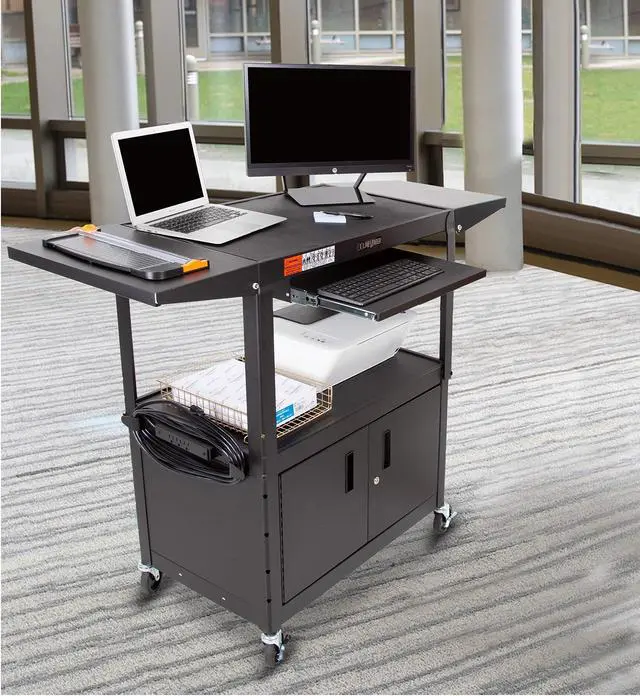 Alt view image 7 of 7 - Line Leader Large AV Cart with Locking Cabinet & Drop Leaves | Height Adjustable Utility Cart | Includes Pullout Keyboard Tray & Cord Management | Easy Assembly (66in x 18in x 42in / Black)