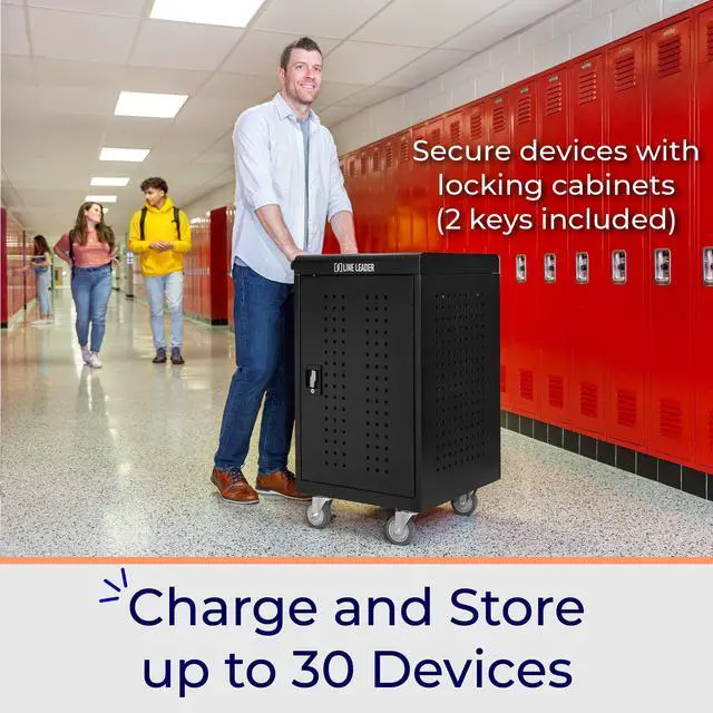 Alt view image 2 of 7 - Line Leader 30 Unit Mobile Charging Station Cart w/ Locking Cabinet, Standing Computer Charger Stand for Tablets, Laptops, Chromebooks, 5-Min Assembly UL-Certified, ANSI/BIFMA Standard with Power Cord