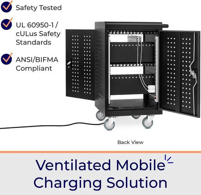 Alt view image 3 of 7 - Line Leader 30 Unit Mobile Charging Station Cart w/ Locking Cabinet, Standing Computer Charger Stand for Tablets, Laptops, Chromebooks, 5-Min Assembly UL-Certified, ANSI/BIFMA Standard with Power Cord