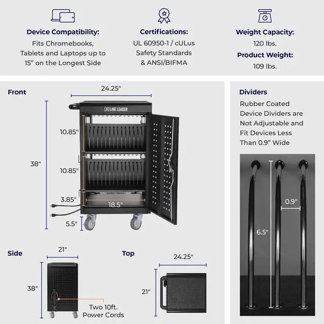 Alt view image 6 of 7 - Line Leader 30 Unit Mobile Charging Station Cart w/ Locking Cabinet, Standing Computer Charger Stand for Tablets, Laptops, Chromebooks, 5-Min Assembly UL-Certified, ANSI/BIFMA Standard with Power Cord
