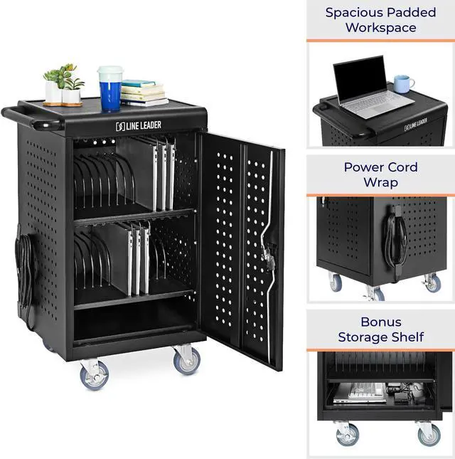 Alt view image 7 of 7 - Line Leader 30 Unit Mobile Charging Station Cart w/ Locking Cabinet, Standing Computer Charger Stand for Tablets, Laptops, Chromebooks, 5-Min Assembly UL-Certified, ANSI/BIFMA Standard with Power Cord