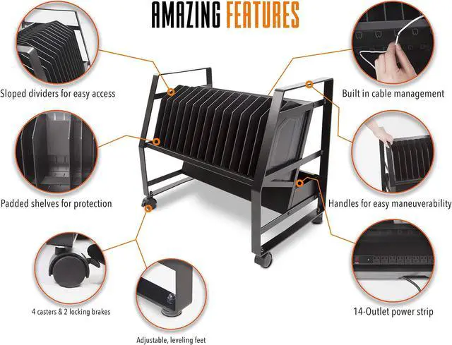 Alt view image 5 of 7 - Line Leader 14 Unit Open Charging Cart for Tablets, Chromebooks & More | Place Under Desk or On Desk w/Removable Wheels | 14 Bay Tabletop Cart with UL-Listed Power Strip and Cord Management! (1 Cart)