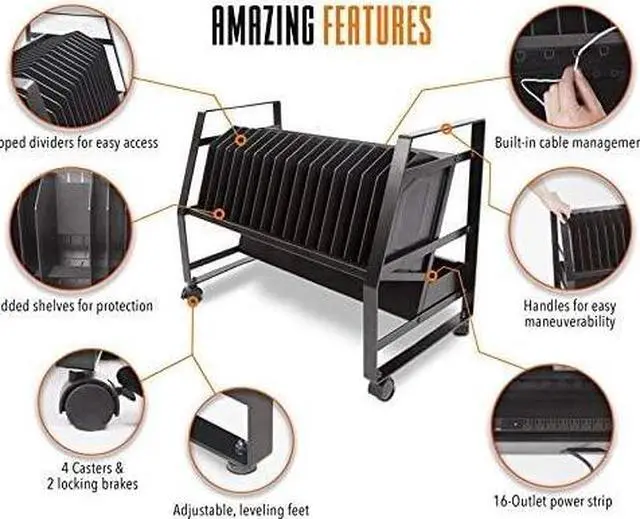 Alt view image 4 of 7 - Line Leader16 Unit Compact Mobile Charging&Storage Cart|Open Charging Cart Holds 16 Tablets, Laptops or Chromebooks| Removable Wheels & UL-Listed Power Strip | Ideal for School, Library & More