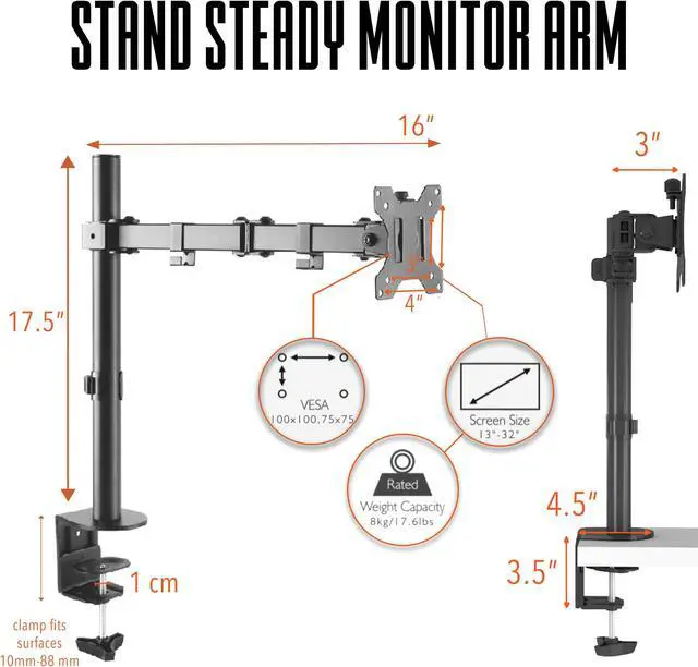 Alt view image 6 of 7 - Stand Steady Dual Monitor Mount| Clamp-On Height Adjustable Monitor Arm Vesa Mount | Fits 1 Screen 13 - 32 Inches | Black