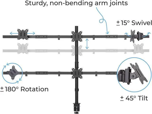 Alt view image 3 of 7 - Stand Steady Clamp-On 6 Monitor Mount Desk Stand | Height Adjustable Monitor Stand with Full Articulation VESA Mount | Fits Most LCD/LED Monitors 17-27 Inches | Six Monitor Arm (Black)