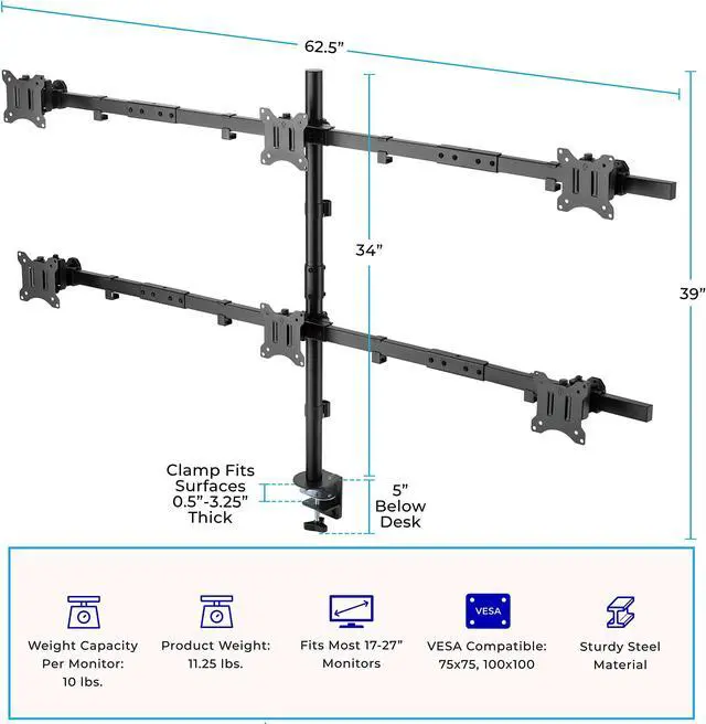 Alt view image 6 of 7 - Stand Steady Clamp-On 6 Monitor Mount Desk Stand | Height Adjustable Monitor Stand with Full Articulation VESA Mount | Fits Most LCD/LED Monitors 17-27 Inches | Six Monitor Arm (Black)