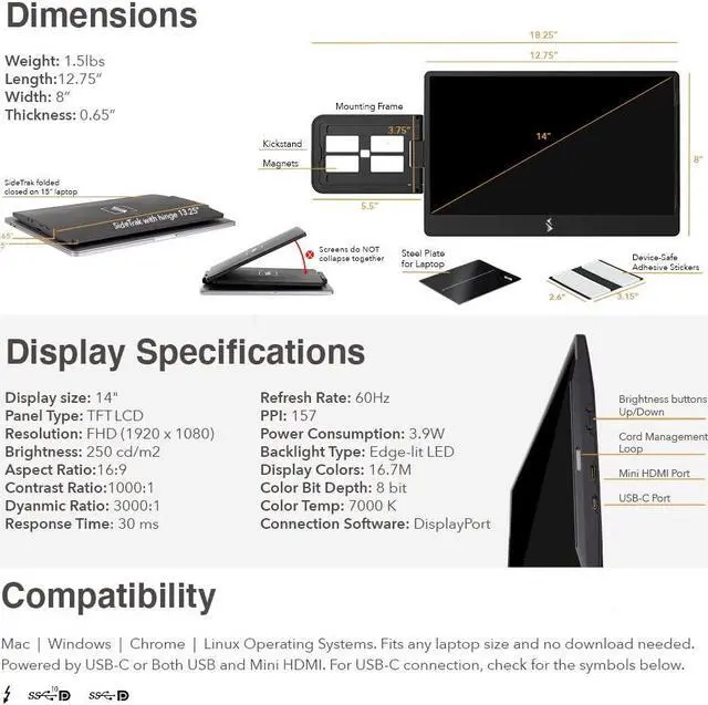 Alt view image 7 of 7 - SideTrak Swivel Triple Portable Monitor for Laptop | Attachable 14” FHD IPS Rotating Three Screen Laptop | Compatible with Mac, PC, & Chrome | Powered by USB or Mini HDMI