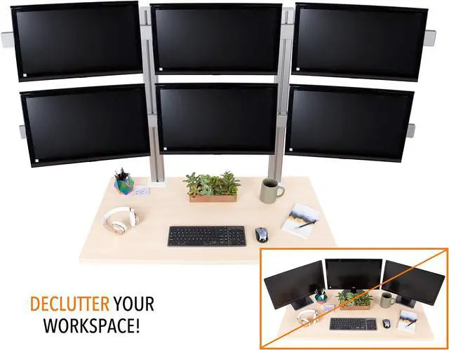 Alt view image 2 of 7 - Stand Steady 6 Monitor Mount Desk Setup - Heavy-Duty Height Adjustable Monitor Stand, Swivel Arm with Clamp-On Base, 6 Screen VESA Mount Fits Most LCD/LED Monitors 17-32 in. (Silver, 6 Mounts)
