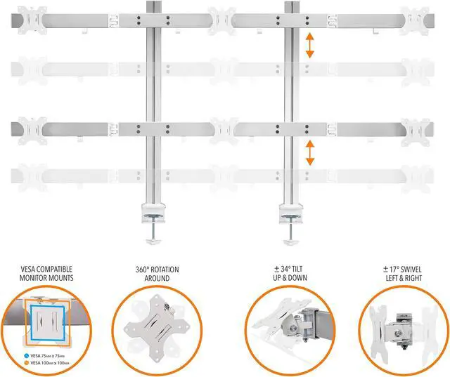 Alt view image 4 of 7 - Stand Steady 6 Monitor Mount Desk Setup - Heavy-Duty Height Adjustable Monitor Stand, Swivel Arm with Clamp-On Base, 6 Screen VESA Mount Fits Most LCD/LED Monitors 17-32 in. (Silver, 6 Mounts)