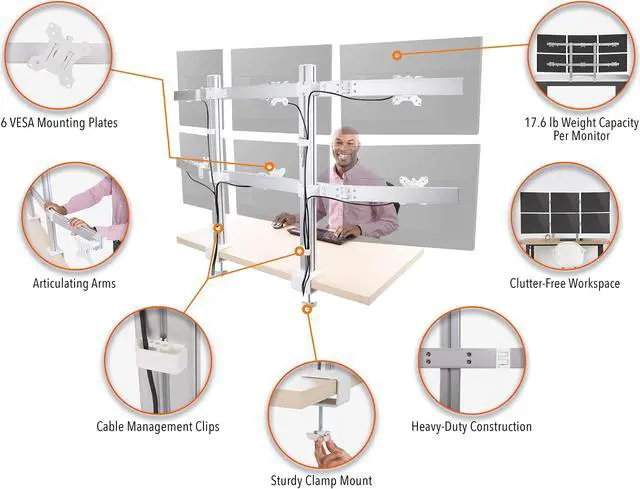 Alt view image 7 of 7 - Stand Steady 6 Monitor Mount Desk Setup - Heavy-Duty Height Adjustable Monitor Stand, Swivel Arm with Clamp-On Base, 6 Screen VESA Mount Fits Most LCD/LED Monitors 17-32 in. (Silver, 6 Mounts)
