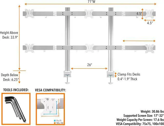 Alt view image 6 of 7 - Stand Steady 6 Monitor Mount Desk Setup - Heavy-Duty Height Adjustable Monitor Stand, Swivel Arm with Clamp-On Base, 6 Screen VESA Mount Fits Most LCD/LED Monitors 17-32 in. (Silver, 6 Mounts)