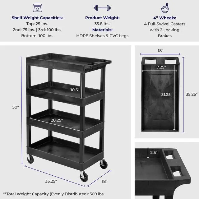 Alt view image 6 of 7 - Stand Steady Tubstr 4 Shelf Utility Cart | Extra Tall Storage Cart & Rolling Tool Cart | Tub Shelf Utility Cart with Wheels for School, Garage, Office & Warehouse | Made in USA (35 x 18 x 50in/Black)