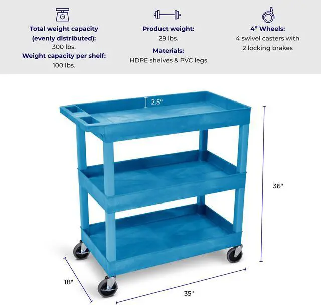 Alt view image 5 of 6 - Stand Steady 18" x 32" Tubstr Three Shelf Tub Utility Cart - Blue