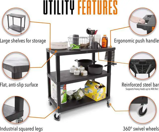 Alt view image 3 of 7 - Stand Steady Flat Top Utility Cart by Tubstr | Heavy Duty Service Cart Supports 400 lbs. | Three Shelf Multipurpose Cart Perfect for Home, Garage, Catering, Warehouse & More! (Black / 35 x 18)