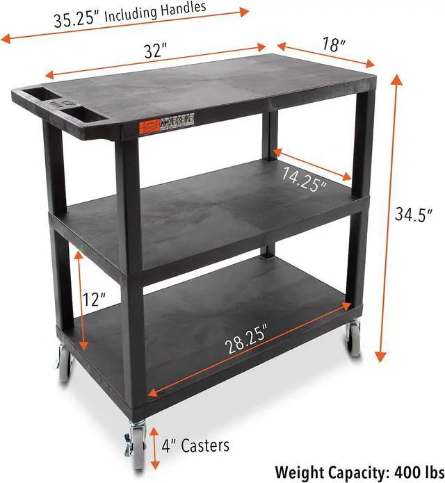 Alt view image 6 of 7 - Stand Steady Flat Top Utility Cart by Tubstr | Heavy Duty Service Cart Supports 400 lbs. | Three Shelf Multipurpose Cart Perfect for Home, Garage, Catering, Warehouse & More! (Black / 35 x 18)
