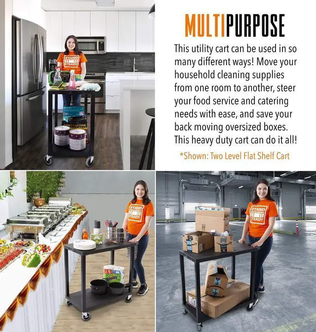 Alt view image 5 of 7 - Stand Steady Flat Top Utility Cart by Tubstr | Heavy Duty Service Cart Supports 400 lbs. | Three Shelf Multipurpose Cart Perfect for Home, Garage, Catering, Warehouse & More! (Black / 35 x 18)