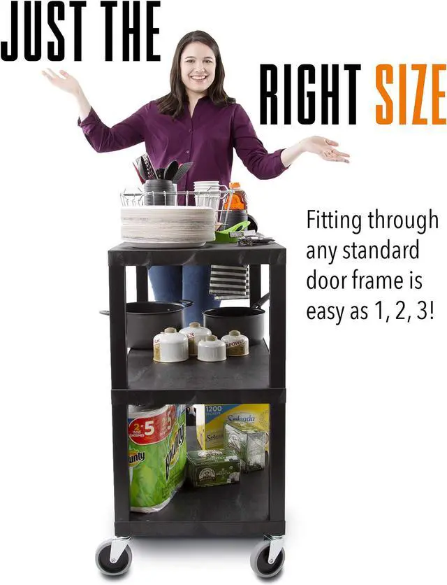 Alt view image 7 of 7 - Stand Steady Flat Top Utility Cart by Tubstr | Heavy Duty Service Cart Supports 400 lbs. | Three Shelf Multipurpose Cart Perfect for Home, Garage, Catering, Warehouse & More! (Black / 35 x 18)