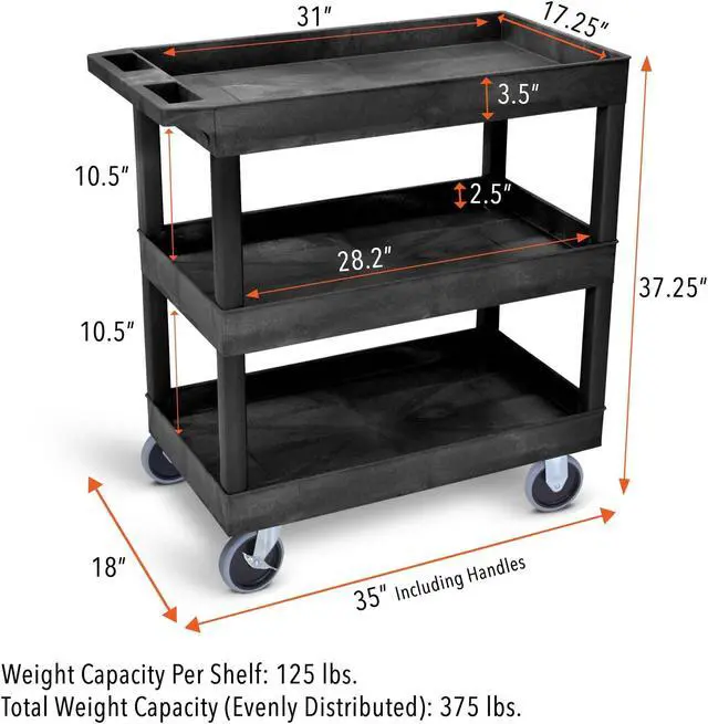 Alt view image 5 of 7 - Stand Steady Tubstr Heavy Duty 32 x 18 inches - Shelf Utility Cart/Service Cart - Tub Carts & Deep Shelves (3 Shelf)