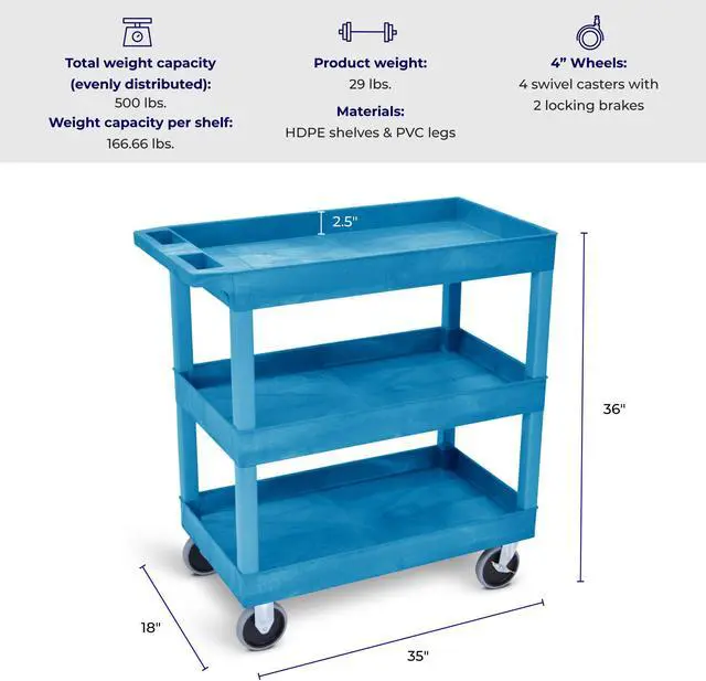 Alt view image 5 of 6 - Stand Steady 18" x 32" Tubstr Two Shelf Heavy Duty Tub Utility Cart - Blue