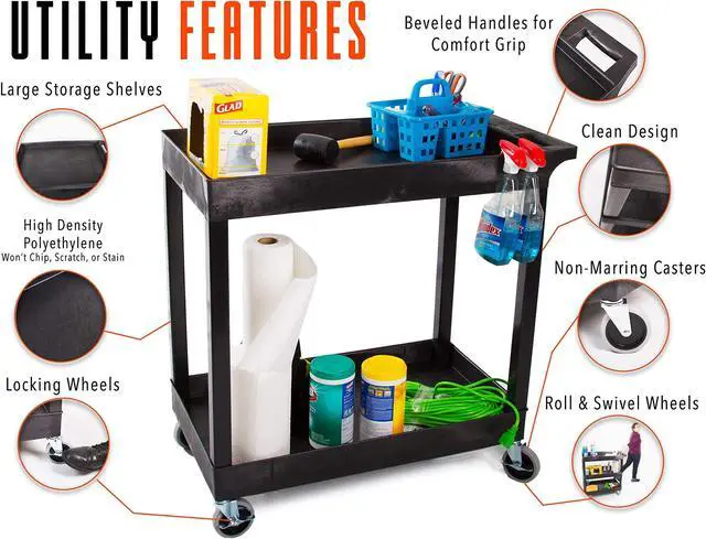 Alt view image 2 of 7 - Stand Steady Original Tubstr 2 Shelf Utility Cart/Service Cart - Heavy Duty - Supports up to 400 lbs - Tub Carts w/Deep Shelves - Great for Warehouse, Garage, Cleaning and More! (32 x 18 / Black)
