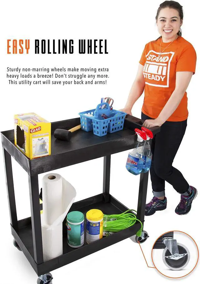 Alt view image 4 of 7 - Stand Steady Original Tubstr 2 Shelf Utility Cart/Service Cart - Heavy Duty - Supports up to 400 lbs - Tub Carts w/Deep Shelves - Great for Warehouse, Garage, Cleaning and More! (32 x 18 / Black)