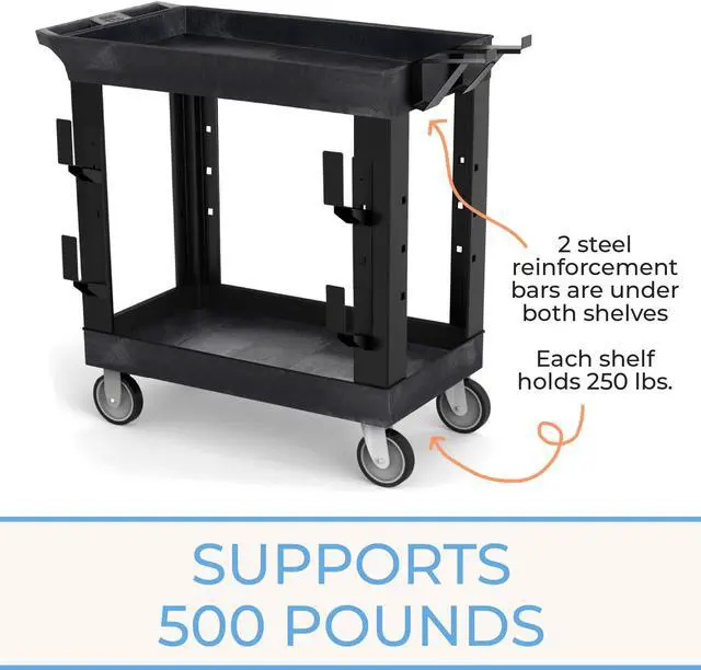 Alt view image 3 of 7 - Stand Steady Tubstr 2 Shelf Utility Cart | Heavy Duty Service Cart Holds 400 lbs | Adjustable Storage Hooks, Ladder & Spool Holders | Tub Cart for Warehouse, Garage, & School (32" x 18" / Black)