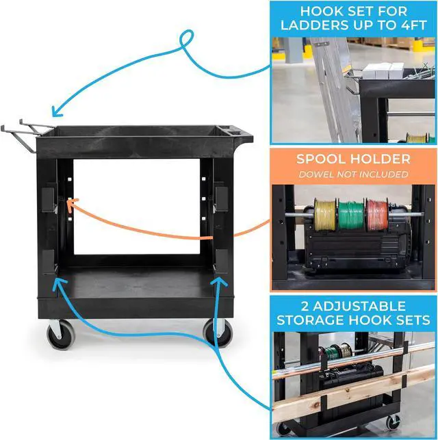 Alt view image 4 of 7 - Stand Steady Tubstr 2 Shelf Utility Cart | Heavy Duty Service Cart Holds 400 lbs | Adjustable Storage Hooks, Ladder & Spool Holders | Tub Cart for Warehouse, Garage, & School (32" x 18" / Black)