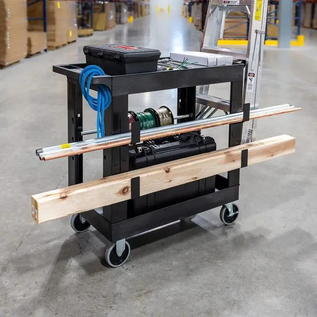 Alt view image 7 of 7 - Stand Steady Tubstr 2 Shelf Utility Cart | Heavy Duty Service Cart Holds 400 lbs | Adjustable Storage Hooks, Ladder & Spool Holders | Tub Cart for Warehouse, Garage, & School (32" x 18" / Black)