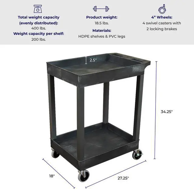 Alt view image 3 of 7 - Stand Steady 18" x 27.25" Tubstr Two Shelf Tub Utility Cart - Black