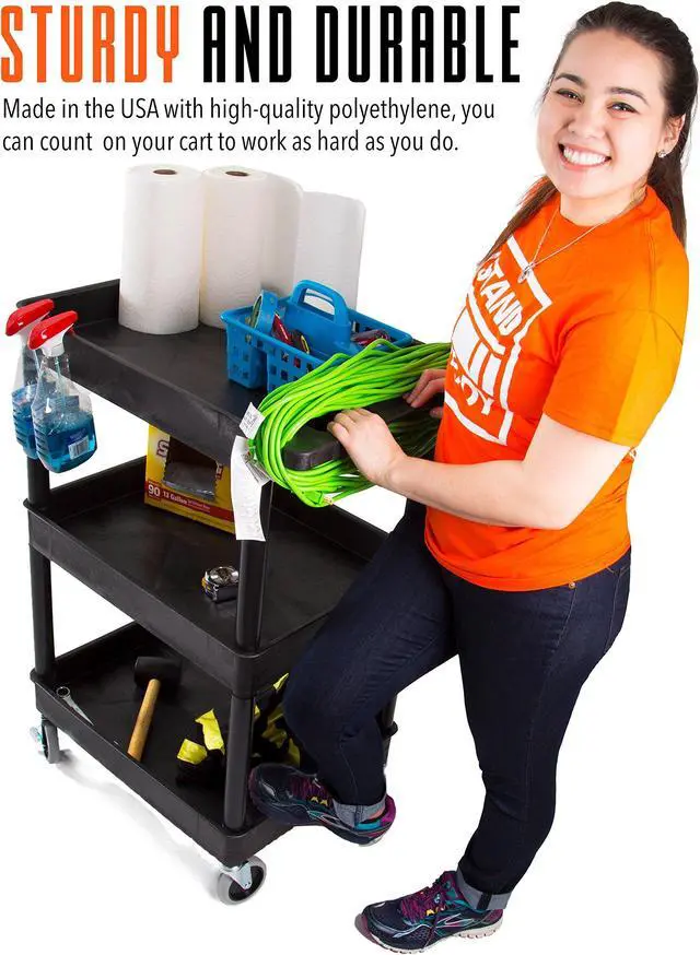 Alt view image 3 of 7 - Tubstr Compact 3 Shelf Utility Cart | Heavy Duty Service Cart Supports up to 300 lbs! | Tub Cart with Deep Shelves | Great for Warehouse, Garage, Cleaning & More (3 Shelf/Black / 24 x 18)