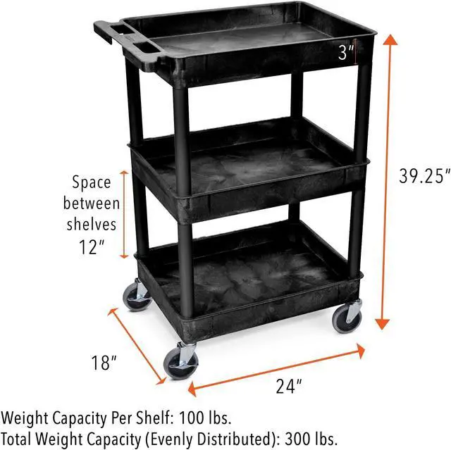 Alt view image 5 of 7 - Tubstr Compact 3 Shelf Utility Cart | Heavy Duty Service Cart Supports up to 300 lbs! | Tub Cart with Deep Shelves | Great for Warehouse, Garage, Cleaning & More (3 Shelf/Black / 24 x 18)