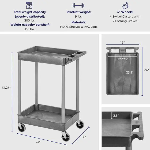 Alt view image 6 of 7 - Stand Steady 18" x 24" Tubstr Two Shelf Tub Utility Cart - Gray