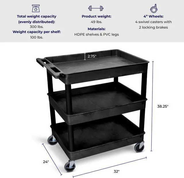 Alt view image 3 of 7 - Stand Steady 24" x 32" Tubstr Three Shelf Tub Utility Cart - Black
