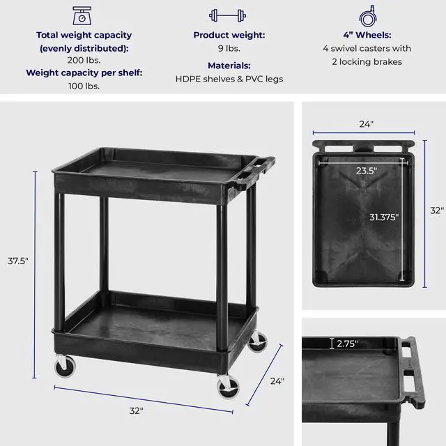 Alt view image 6 of 7 - Stand Steady 24" x 32" Tubstr Two Shelf Tub Utility Cart - Black