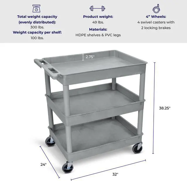 Alt view image 3 of 7 - Stand Steady 24" x 32" Tubstr Three Shelf Tub Utility Cart - Gray