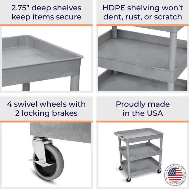 Alt view image 2 of 7 - Stand Steady 24" x 32" Tubstr Three Shelf Tub Utility Cart - Gray