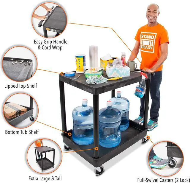 Alt view image 2 of 7 - Original Tubstr Hybrid | Large Flat Top Utility Cart | Heavy Duty Service Cart Holds Up to 400 lb. | Lipped Top Shelf & Deep Tub Bottom Shelf | Ideal for Warehouse, Cleaning & More (32in x 24in)