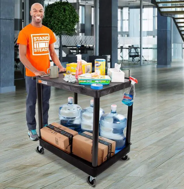 Alt view image 3 of 7 - Original Tubstr Hybrid | Large Flat Top Utility Cart | Heavy Duty Service Cart Holds Up to 400 lb. | Lipped Top Shelf & Deep Tub Bottom Shelf | Ideal for Warehouse, Cleaning & More (32in x 24in)