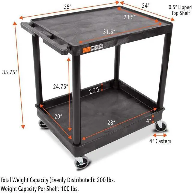 Alt view image 5 of 7 - Original Tubstr Hybrid | Large Flat Top Utility Cart | Heavy Duty Service Cart Holds Up to 400 lb. | Lipped Top Shelf & Deep Tub Bottom Shelf | Ideal for Warehouse, Cleaning & More (32in x 24in)