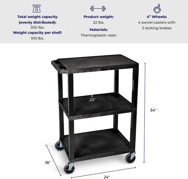 Alt view image 3 of 4 - Stand Steady 18" x 24" Tubstr Three Shelf Flat Utility Cart - Black