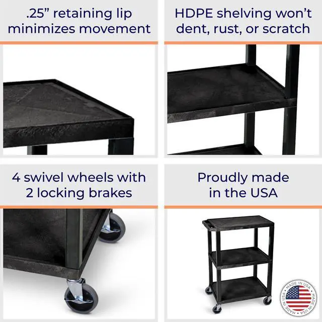 Alt view image 2 of 4 - Stand Steady 18" x 24" Tubstr Three Shelf Flat Utility Cart - Black
