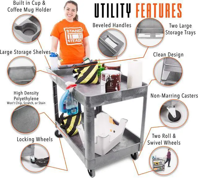 Alt view image 2 of 8 - Stand Steady Original Tubstr Extra Large Two Shelf Utility Cart - Supports up to 500 lbs., Heavy-Duty Rolling Service Cart for Warehouse, Garage, School, Kitchens, Office (Grey, 45.5 x 24.5)