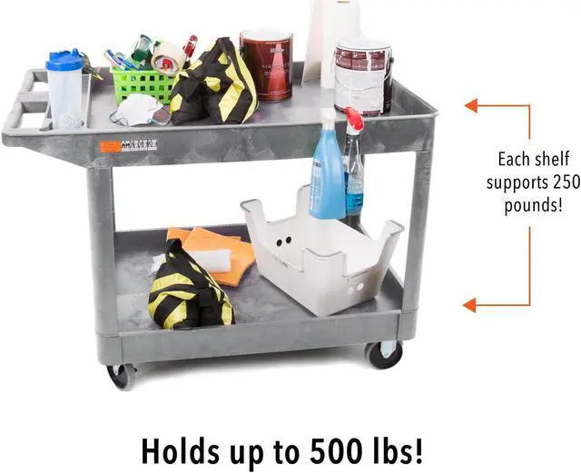 Alt view image 3 of 8 - Stand Steady Original Tubstr Extra Large Two Shelf Utility Cart - Supports up to 500 lbs., Heavy-Duty Rolling Service Cart for Warehouse, Garage, School, Kitchens, Office (Grey, 45.5 x 24.5)