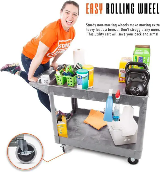 Alt view image 4 of 8 - Stand Steady Original Tubstr Extra Large Two Shelf Utility Cart - Supports up to 500 lbs., Heavy-Duty Rolling Service Cart for Warehouse, Garage, School, Kitchens, Office (Grey, 45.5 x 24.5)