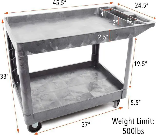 Alt view image 6 of 8 - Stand Steady Original Tubstr Extra Large Two Shelf Utility Cart - Supports up to 500 lbs., Heavy-Duty Rolling Service Cart for Warehouse, Garage, School, Kitchens, Office (Grey, 45.5 x 24.5)