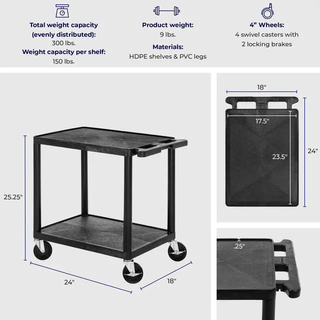 Alt view image 6 of 7 - Stand Steady 18" x 24" Tubstr Two Shelf Flat Utility Cart - Black